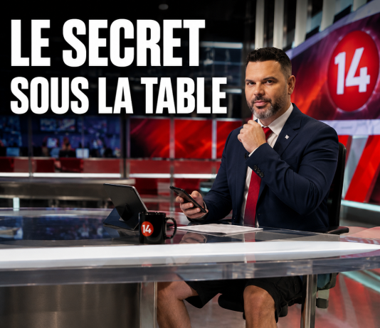 Pris sur le vif : que cache le correspondant militaire de la Chaîne 14 sous sa table de studio ?